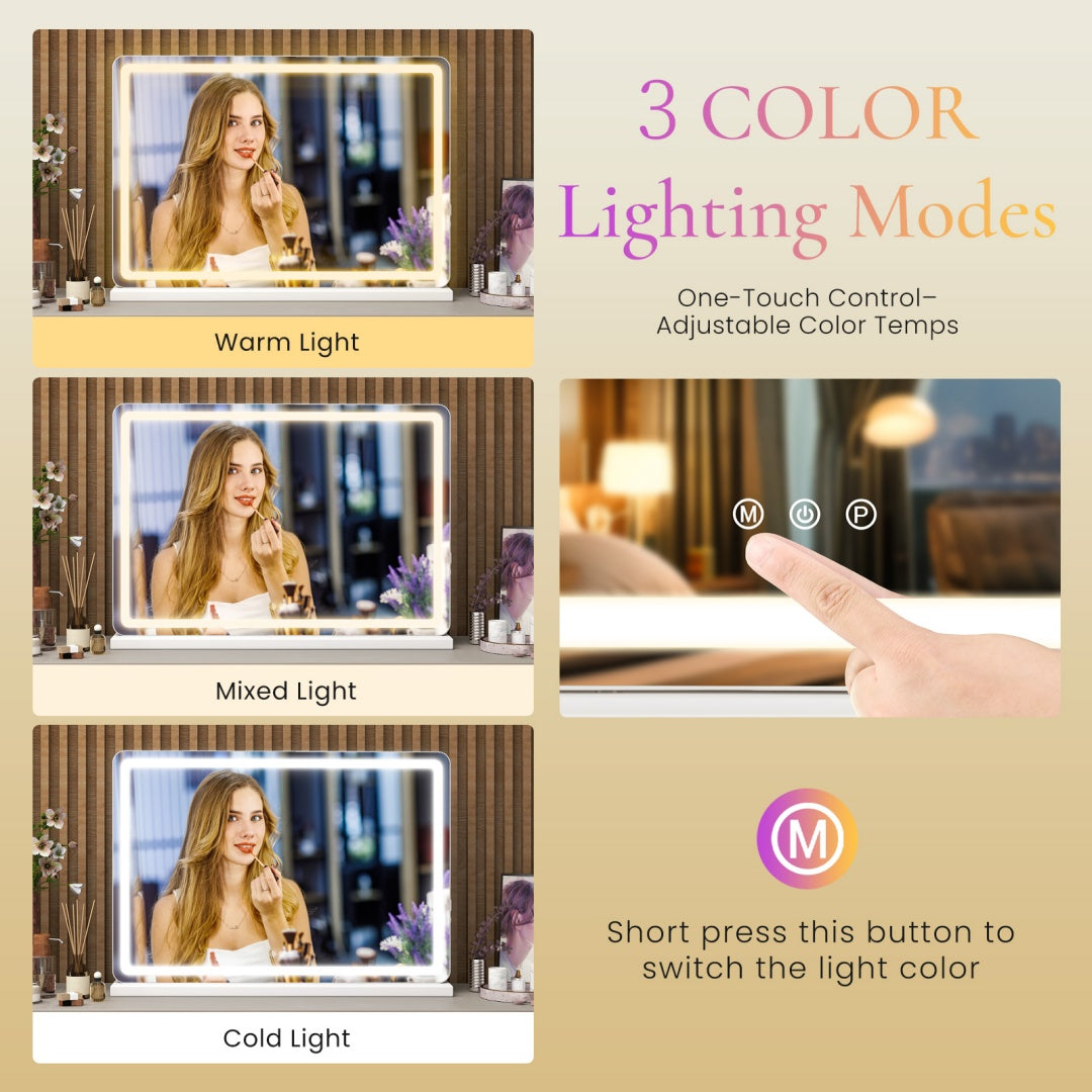 Vanity Mirror With Lights, LED Makeup Mirror With Dimmable 3 Color Modes, Touch Screen Control Vanity Based Mirror Desk Mirror Square White